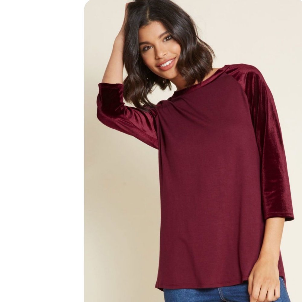 Velvet Twist Raglan 3/4 Sleeves Baseball Burgundy Top Modcloth Au Frond